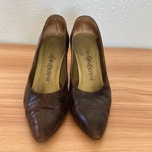 Yves Saint Laurent Vintage Snake Skin Pointed Heel Brown Leather
